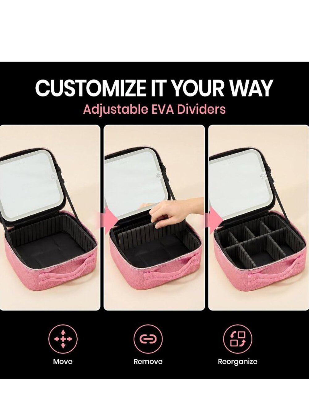 Lighted Cosmetic Case with 3 Light Modes and Adjustable Dividers - Picture 5 of 9